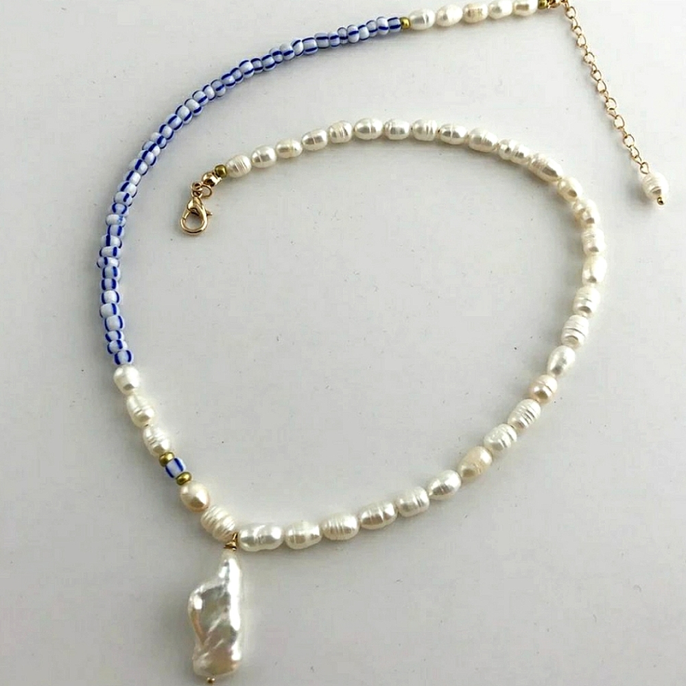 Freshwater Baroque Pearl Drop Necklace, Blue Seed Bead, Boho Coastal, NWOT